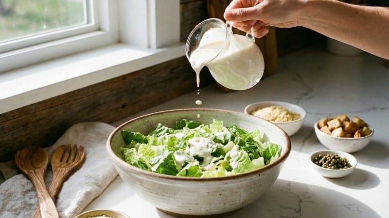 Une main de femme versant une sauce crémeuse sur une salade césar vegan.