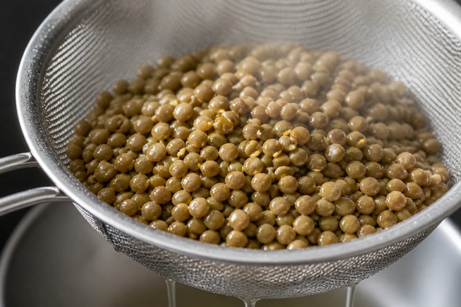 Lentilles vertes cuites égouttées dans une passoire