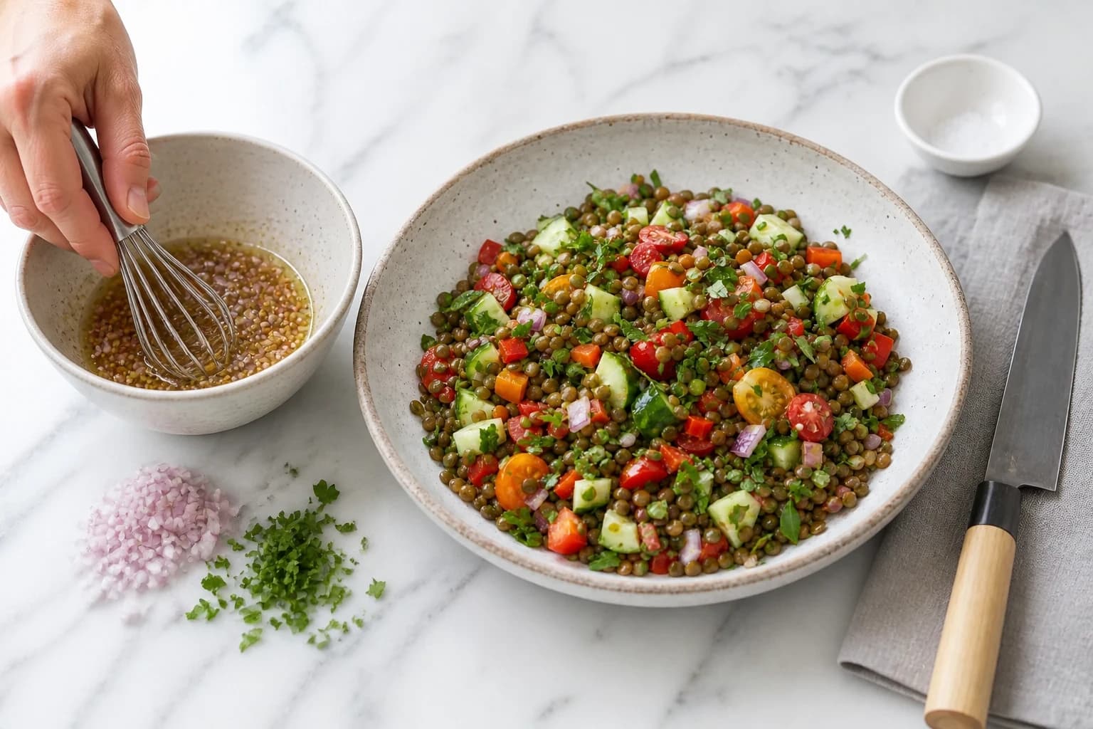 Vinaigrette à l'échalote et à la moutarde fouettée dans un bol