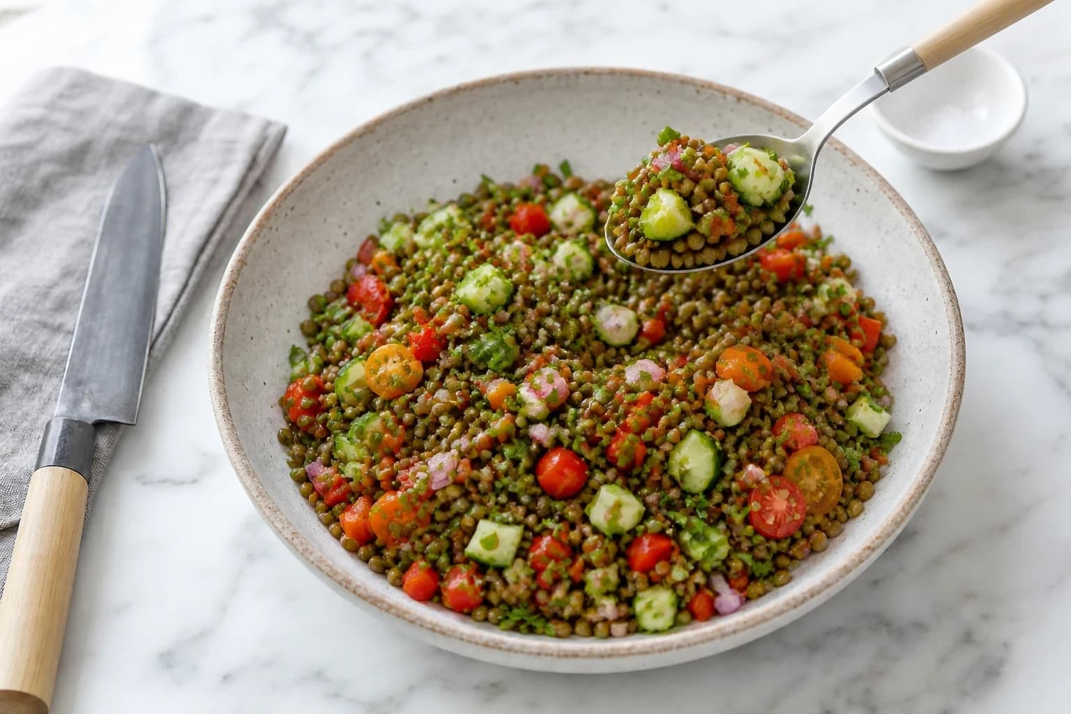 Salade de lentilles mélangée avec légumes croquants et herbes fraîches