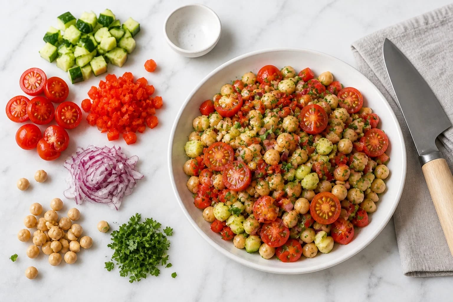 Légumes coupés en dés sur le plan de travail