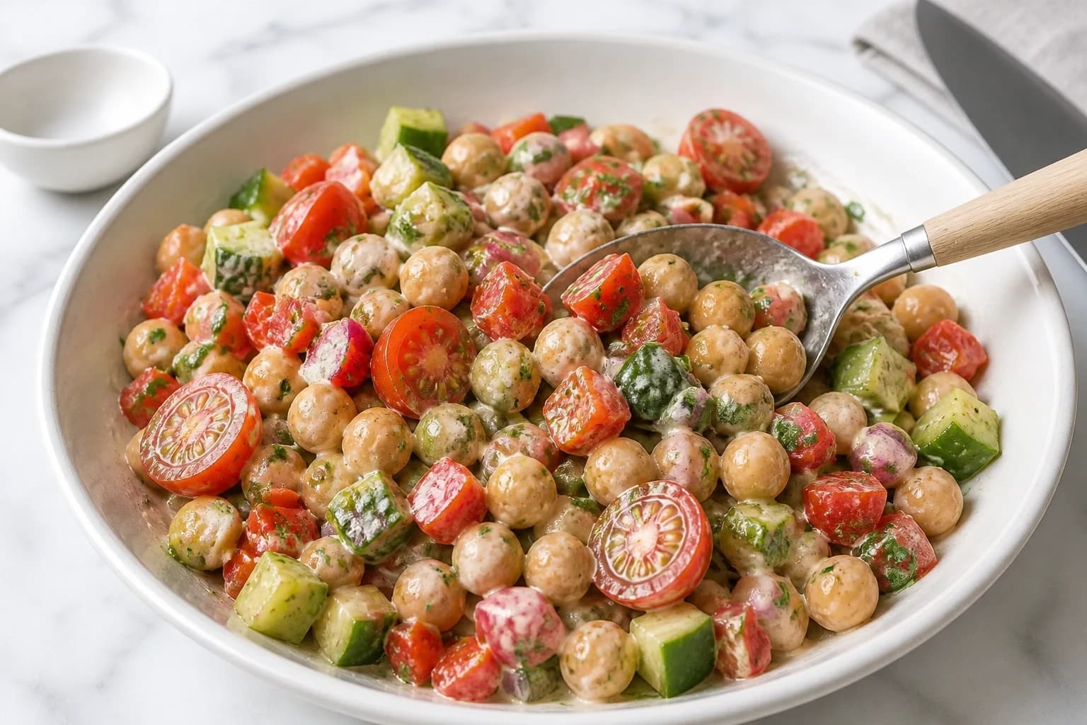 Salade de pois chiches mélangée dans le saladier