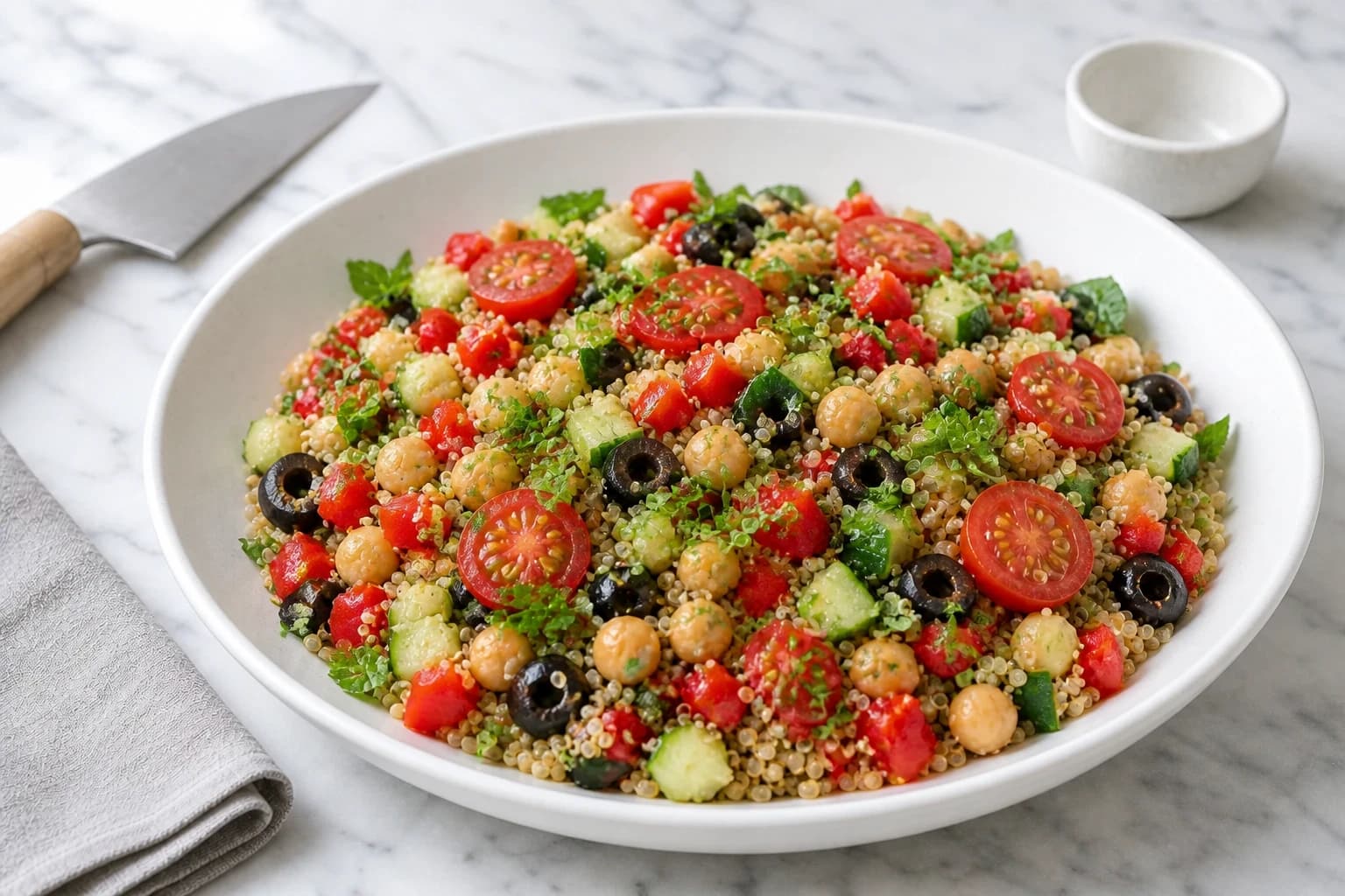 Salade de quinoa vegan colorée et fraîche dans un grand saladier