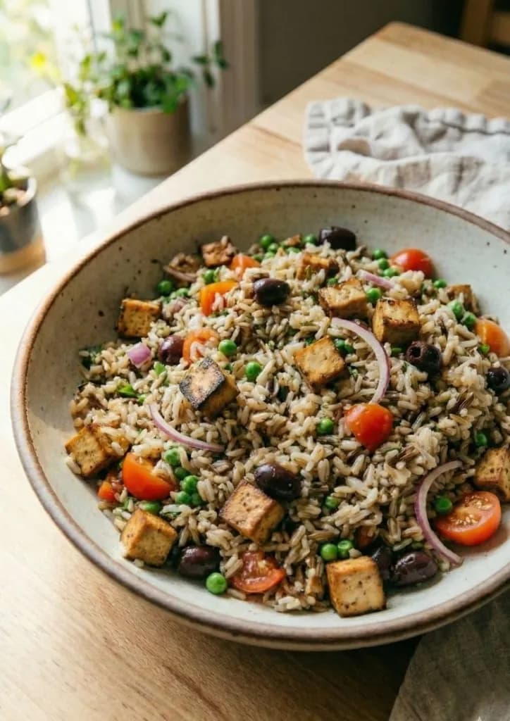 Gros plan sur un saladier de salade de riz vegan bien mélangée, montrant uniquement du riz, tofu, tomates, pois, oignons et olives.