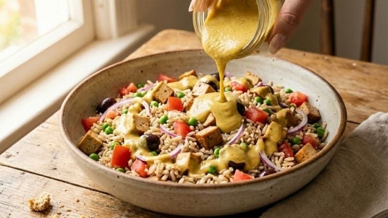 Une main versant une sauce onctueuse à la moutarde sur le mélange coloré de la salade de riz vegan.