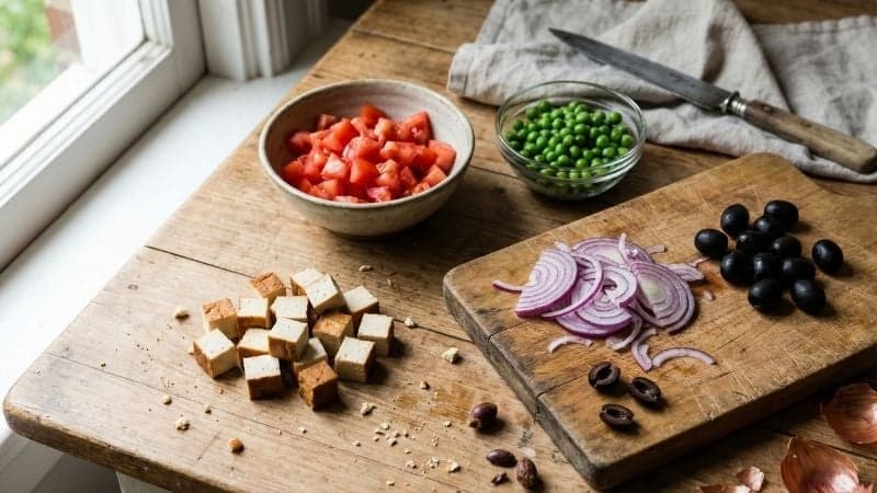 Vue d'ensemble des ingrédients frais découpés pour la salade de riz vegan riz, tofu fumé, tomates, petits pois et oignons rouges.