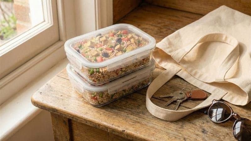 Boîtes en verre remplies de salade de riz vegan posées sur la table en bois, prêtes à être emportées pour le déjeuner.
