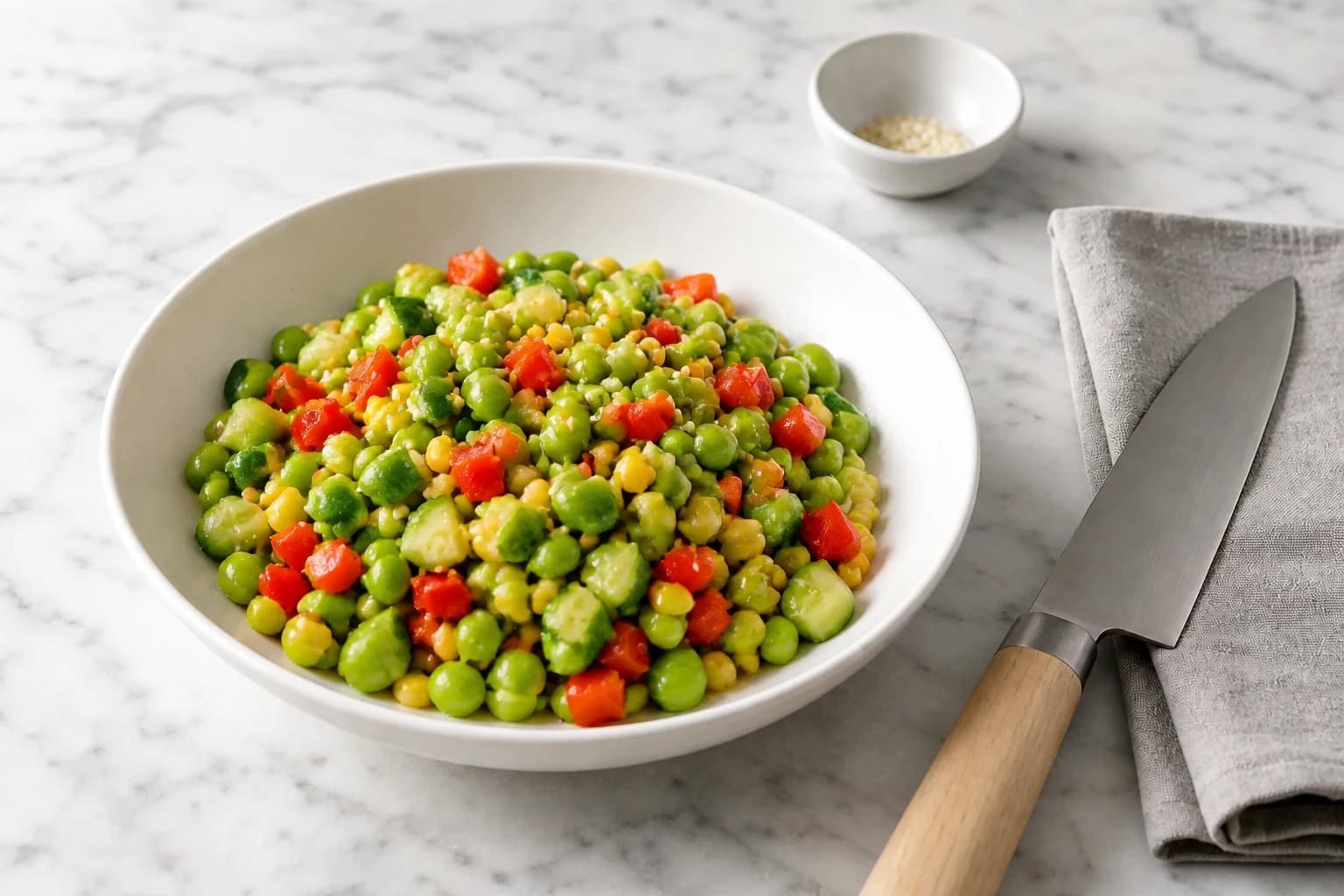Edamame surgelés rafraîchis sous l'eau froide après blanchiment dans une passoire