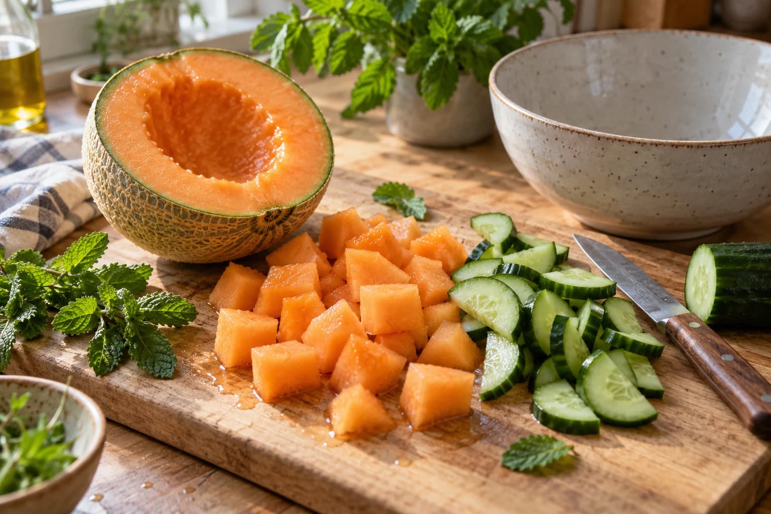 Melon frais en cubes et concombre en demi-lunes sur une planche