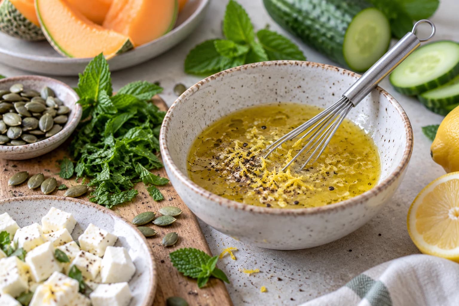 Vinaigrette au citron entourée de menthe et de graines
