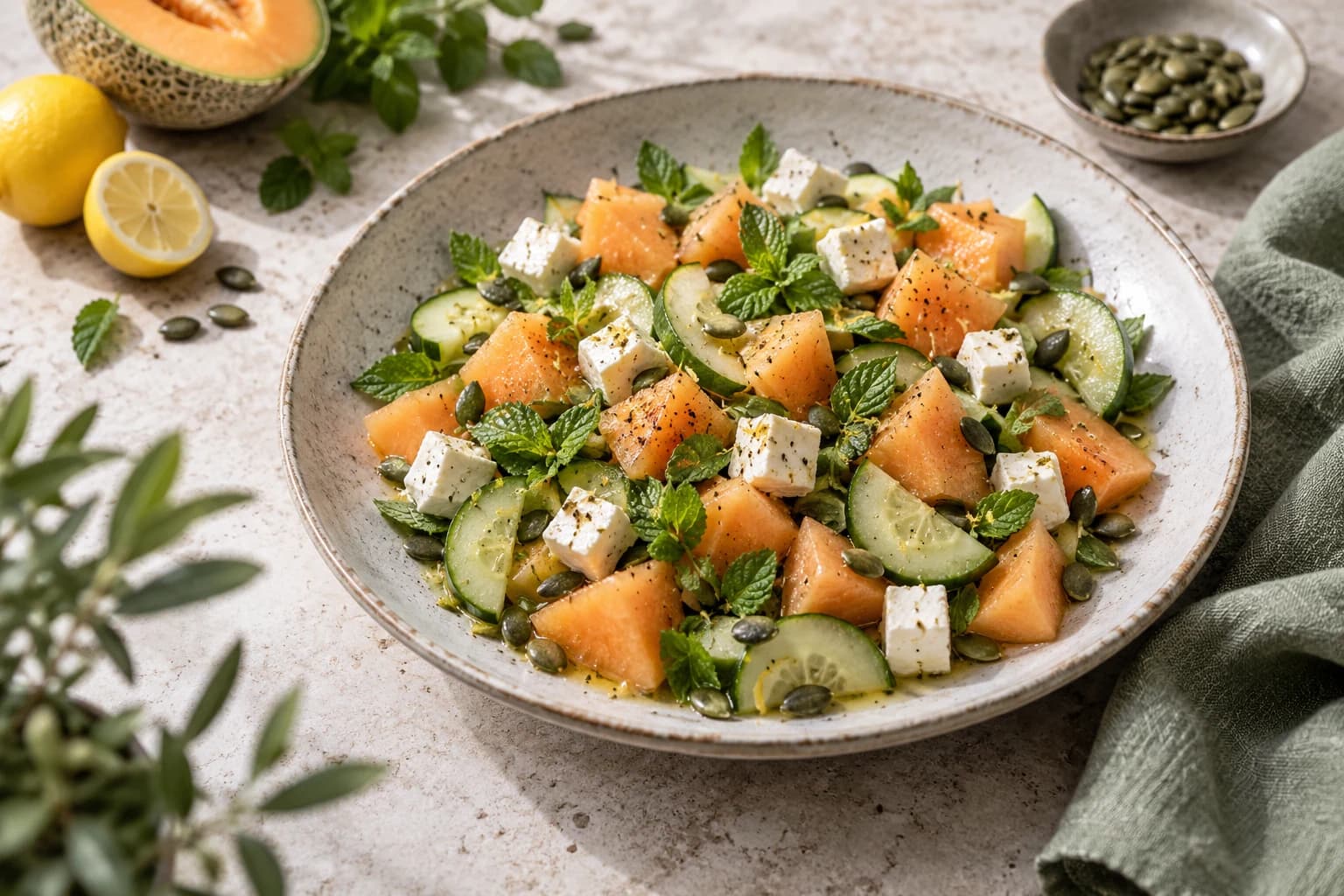 Salade d’été melon-concombre : fraîche et croquante