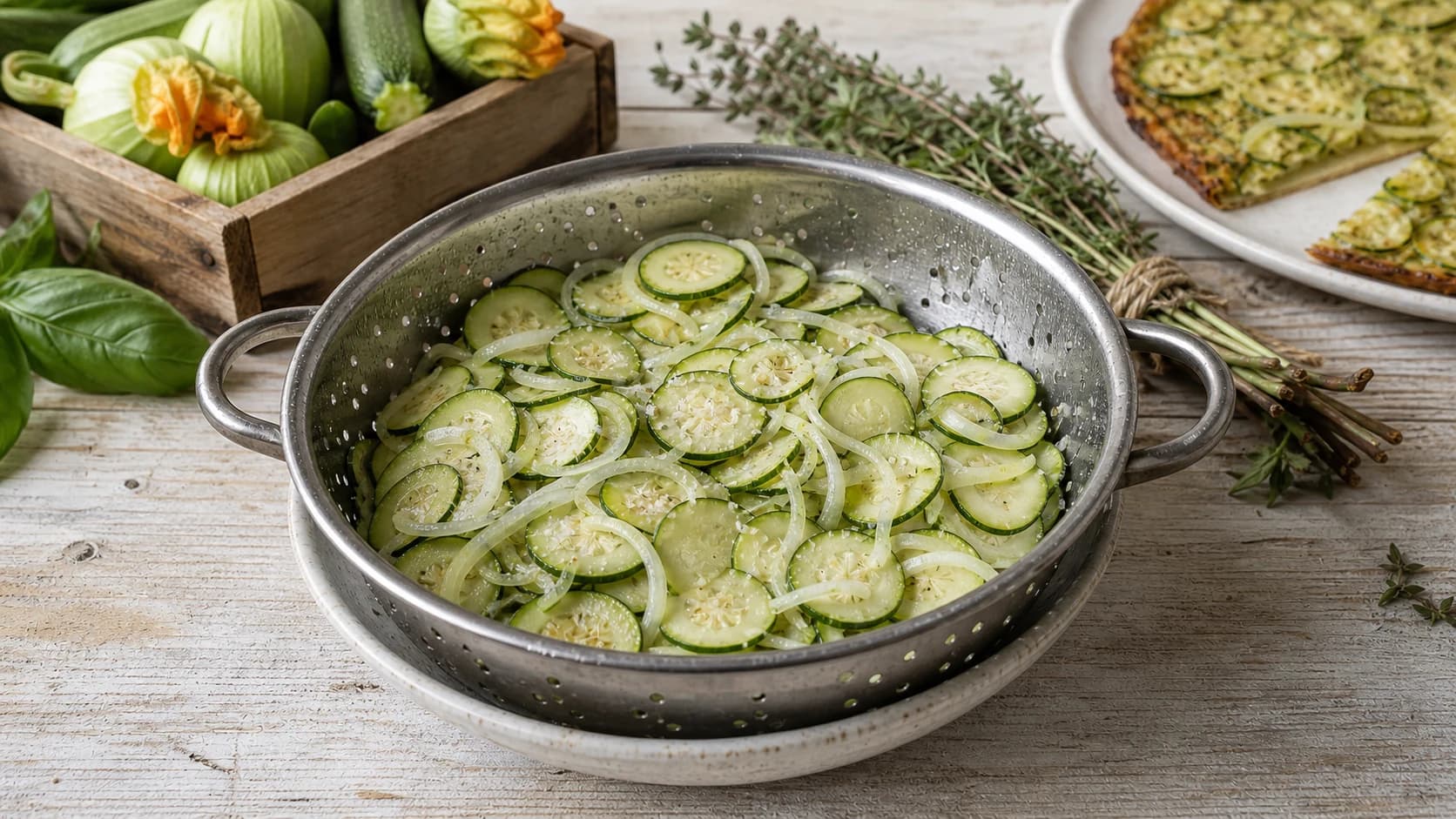 Courgettes et oignon finement émincés qui dégorgent dans une passoire