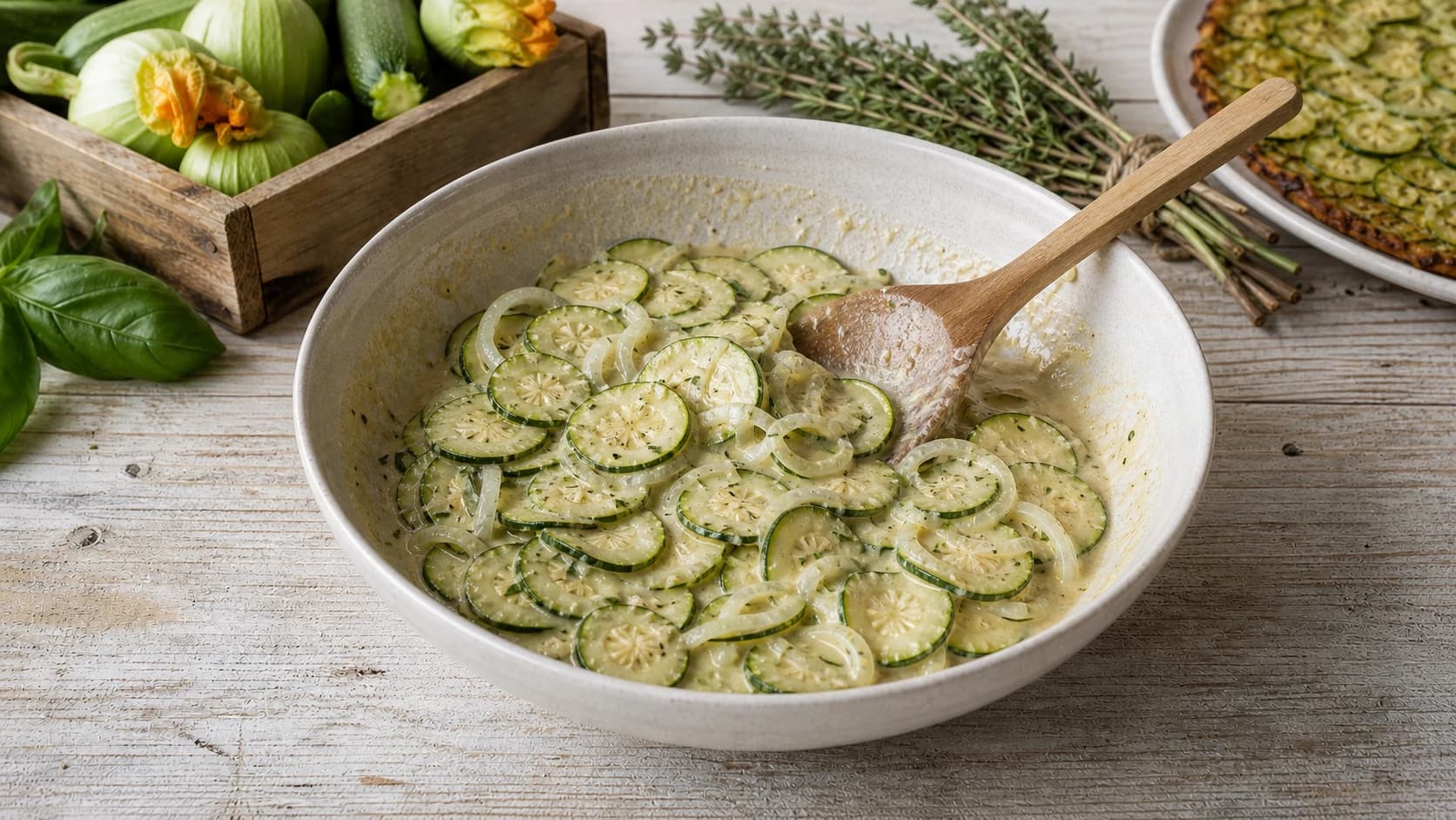 Appareil vegan homogène qui enrobe les rondelles de courgettes et l'oignon