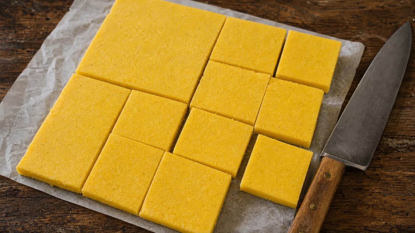 Carrés de polenta découpés