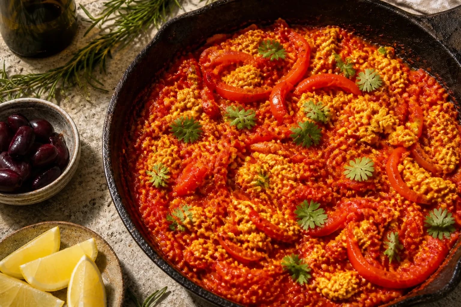 Poivrons rouges et jaunes en lanières qui mijotent dans la sauce tomate