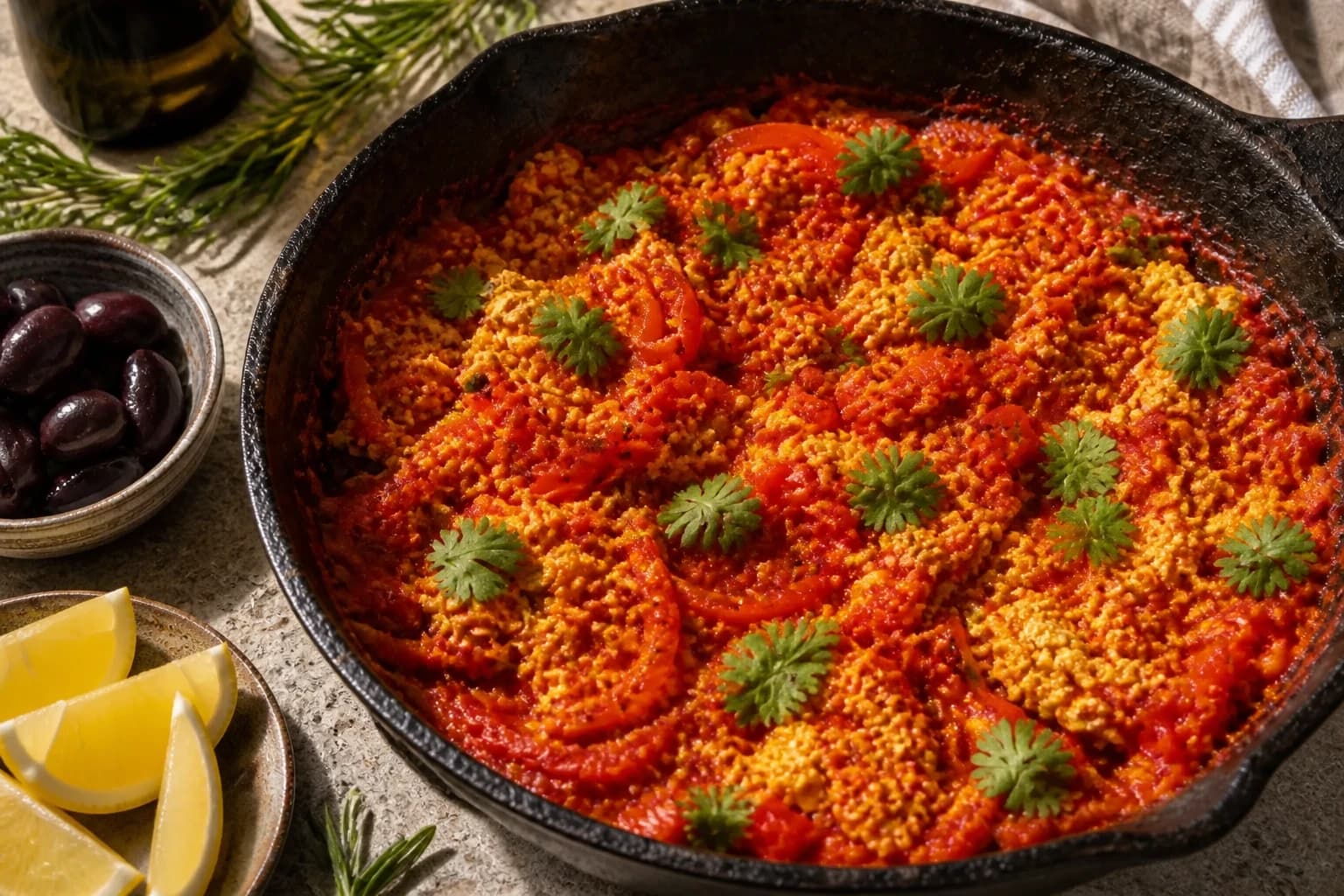 Puits creusés dans la sauce où est niché le tofu brouillé doré
