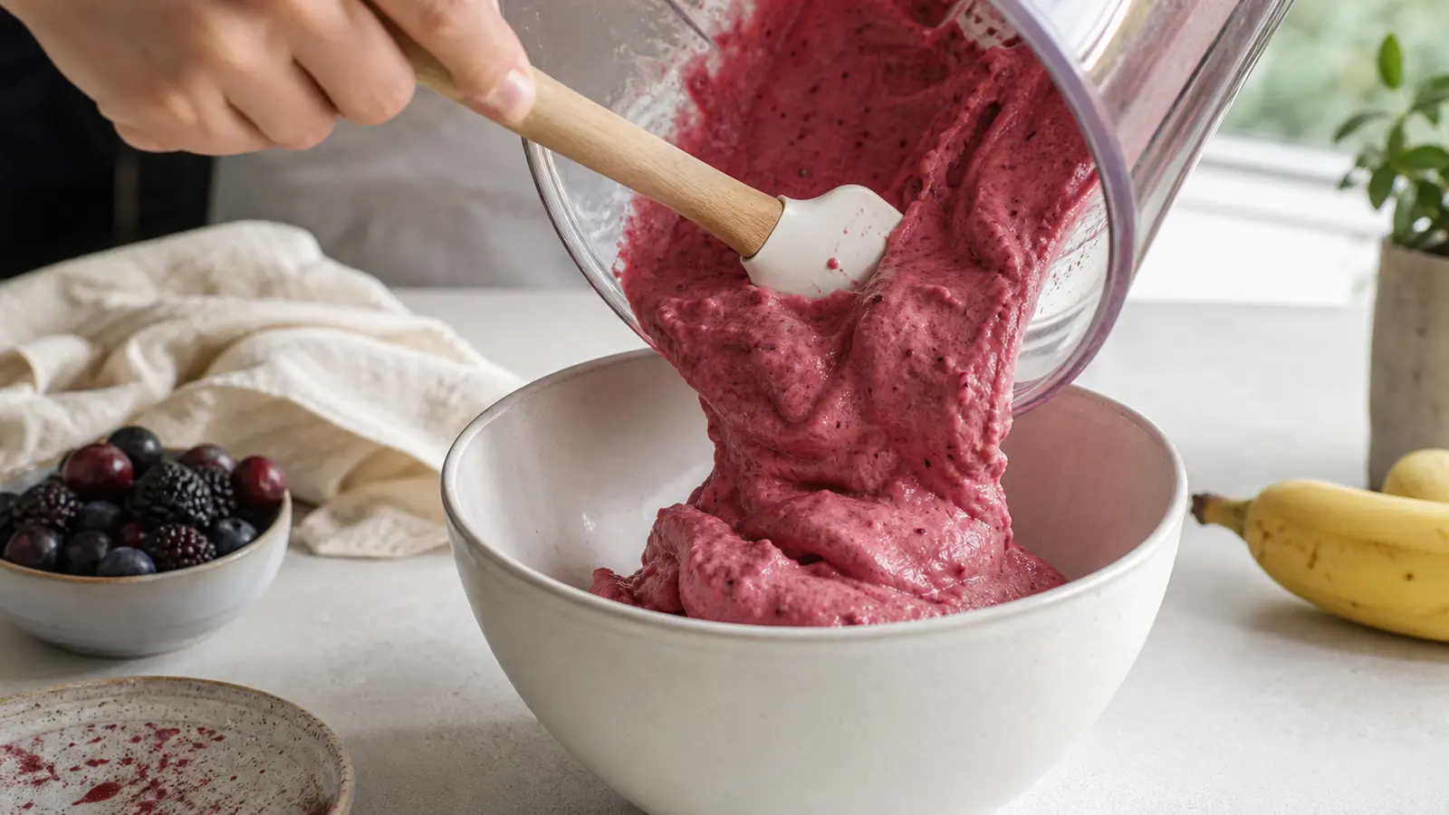 Mixer avec le moins de liquide possible pour la recette smoothie bowl vegan fruits granola