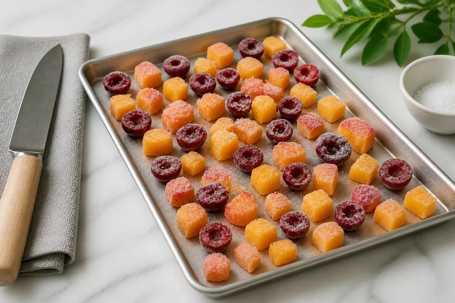 Cubes de pêche et cerises dénoyautées congelés à plat