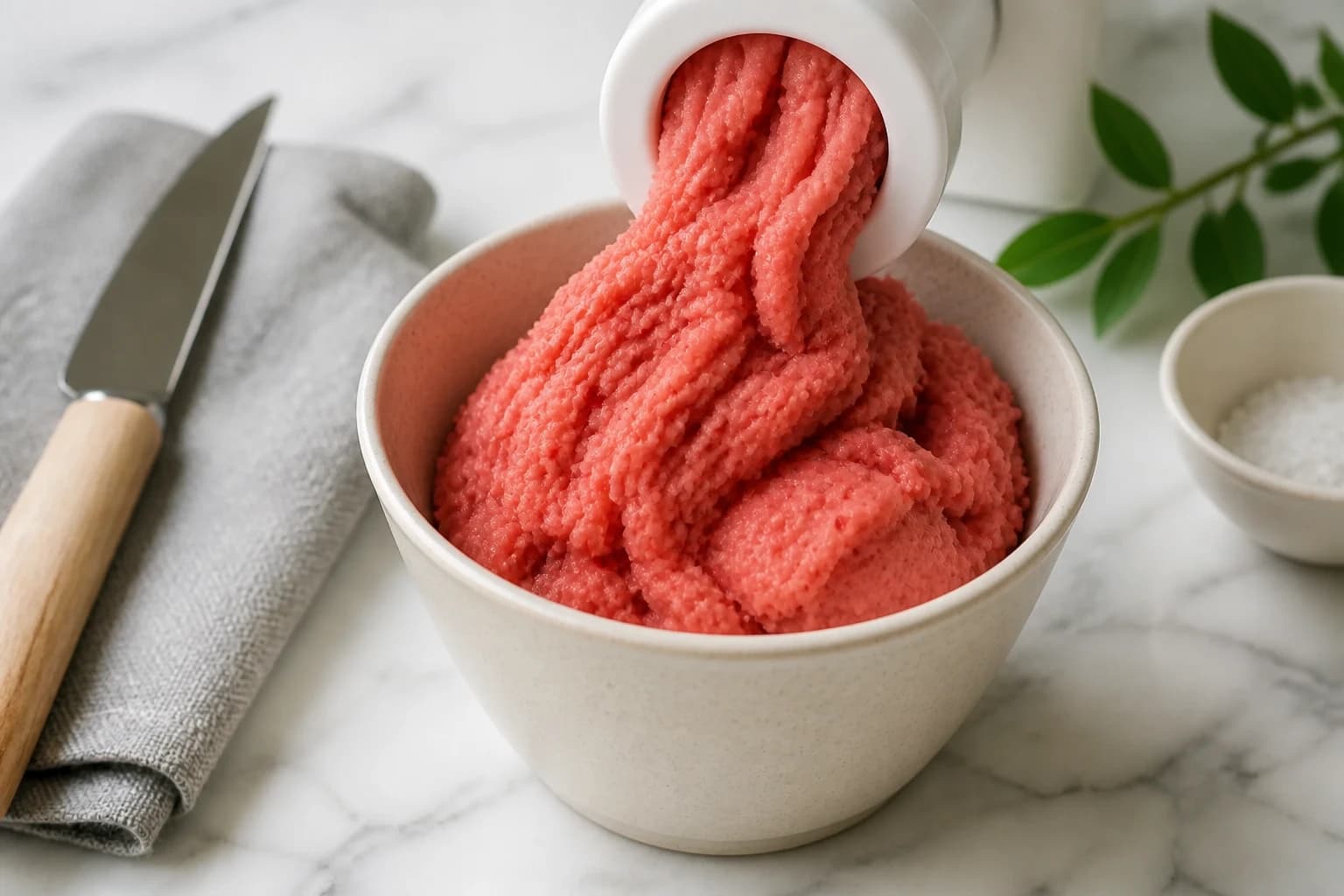 Sorbet pêche-cerise sortant d’un accessoire à desserts glacés