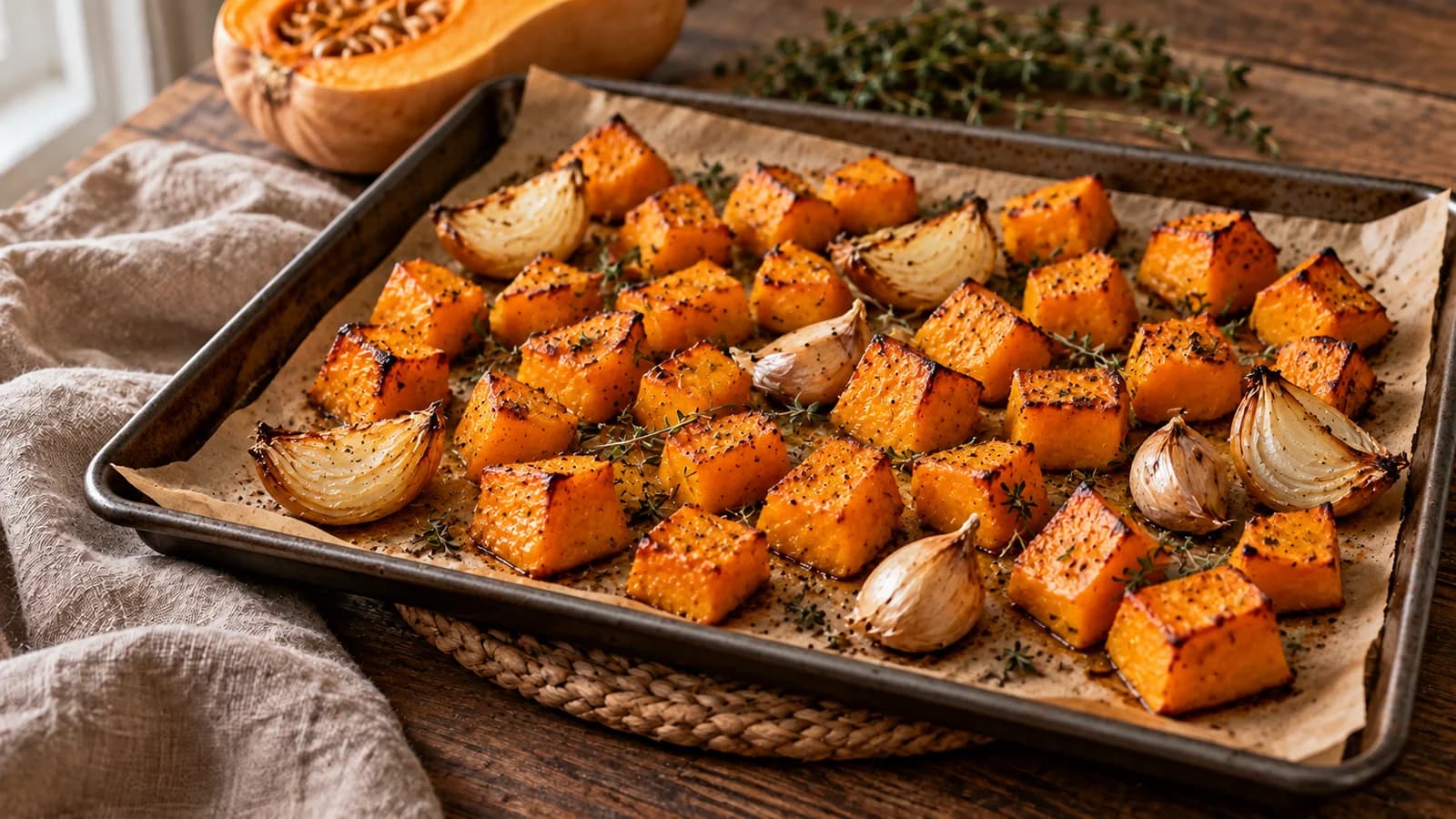 Cubes de butternut, oignon et ail rôtis aux bords dorés