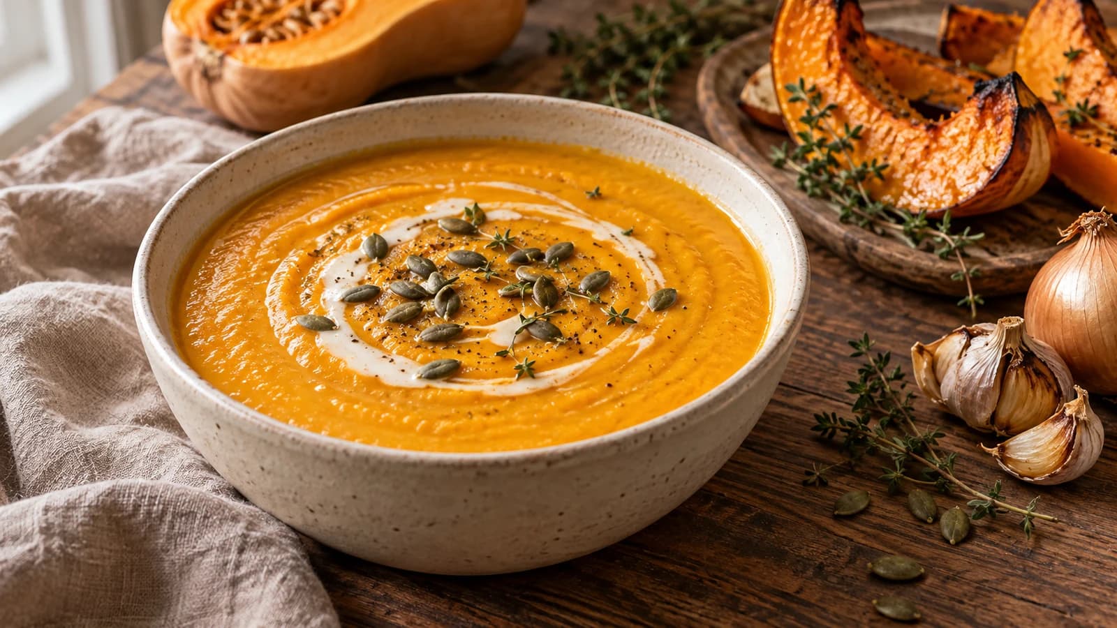 Soupe de butternut rôtie vegan, crémeuse et parfumée