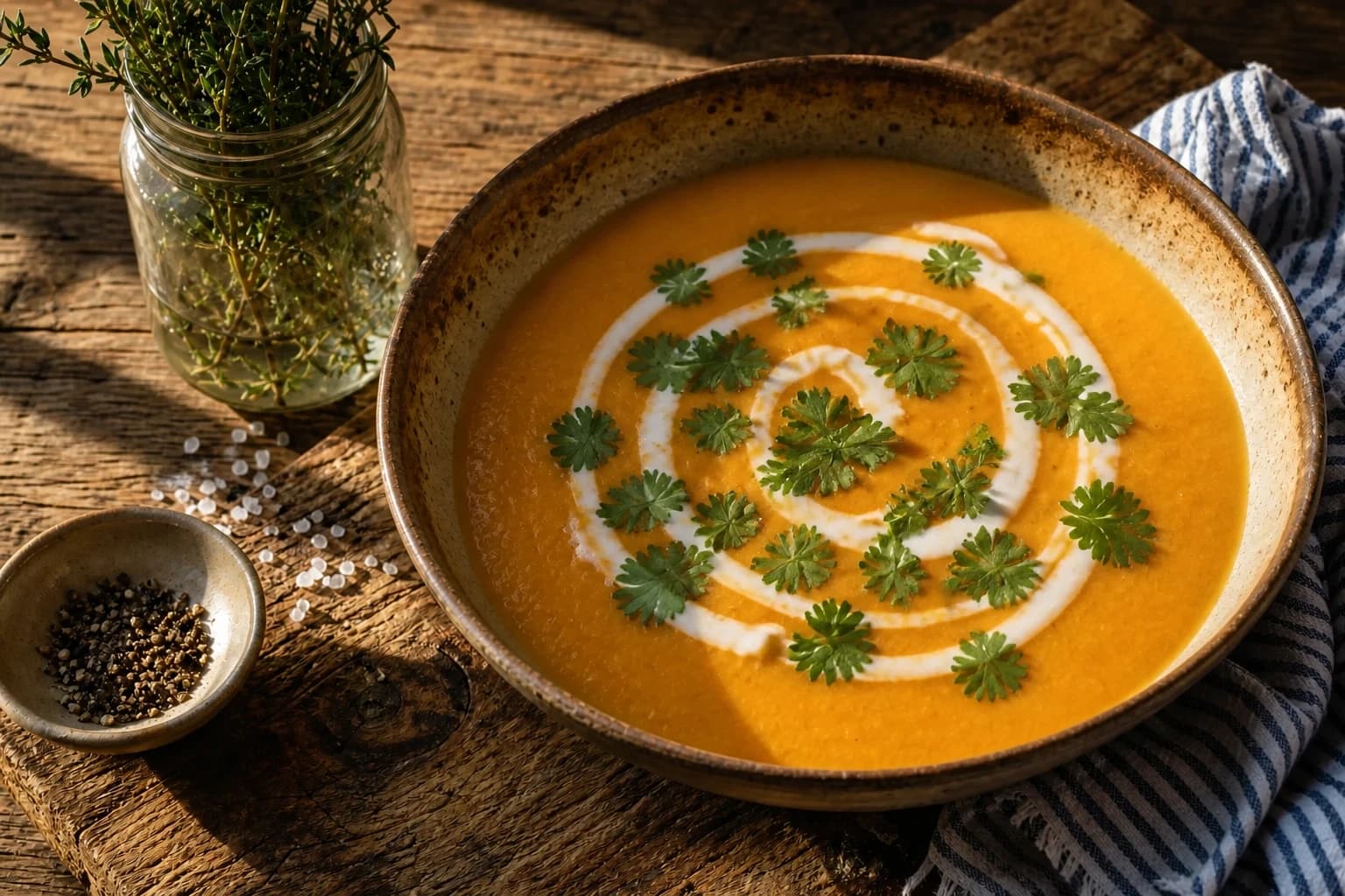 Soupe de lentilles corail veloutée servie dans un bol