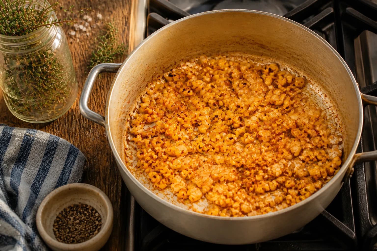 Oignon, ail et grains de maïs dorant avec le paprika fumé dans une casserole
