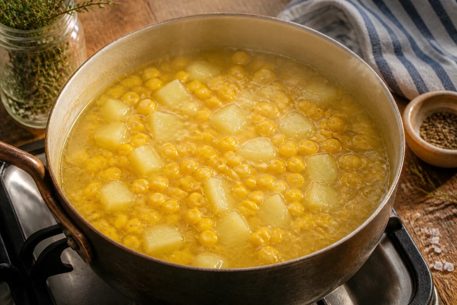 Pomme de terre et maïs doux mijotant dans le bouillon de légumes
