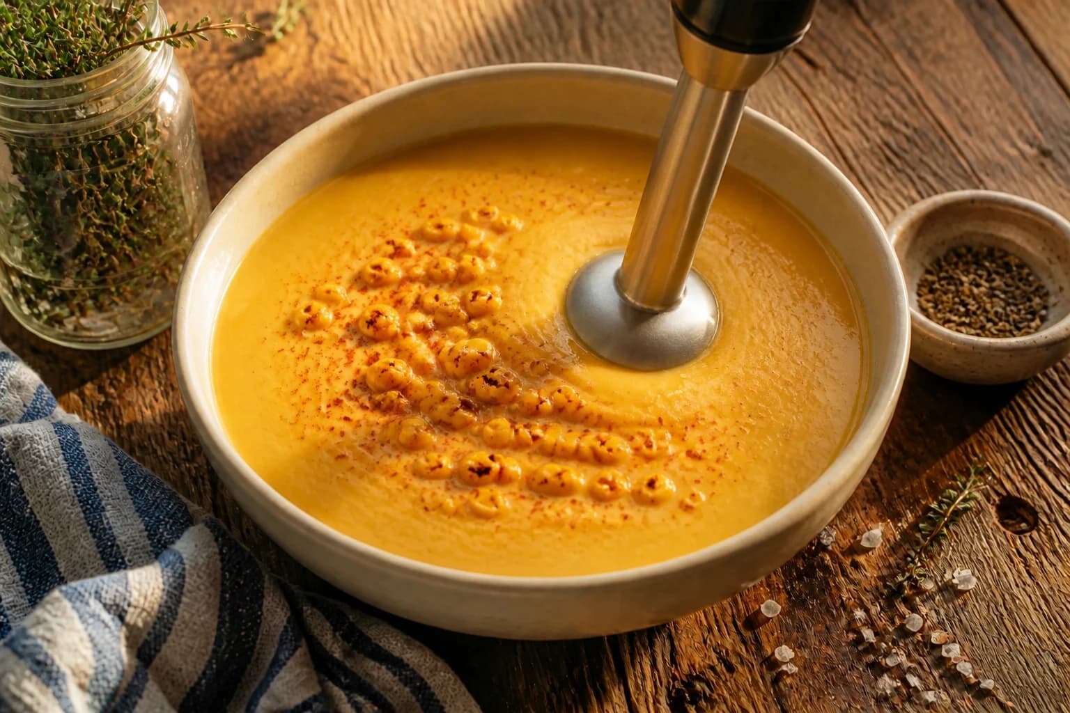 Soupe de maïs mixée avec le lait de coco jusqu’à obtenir une texture lisse