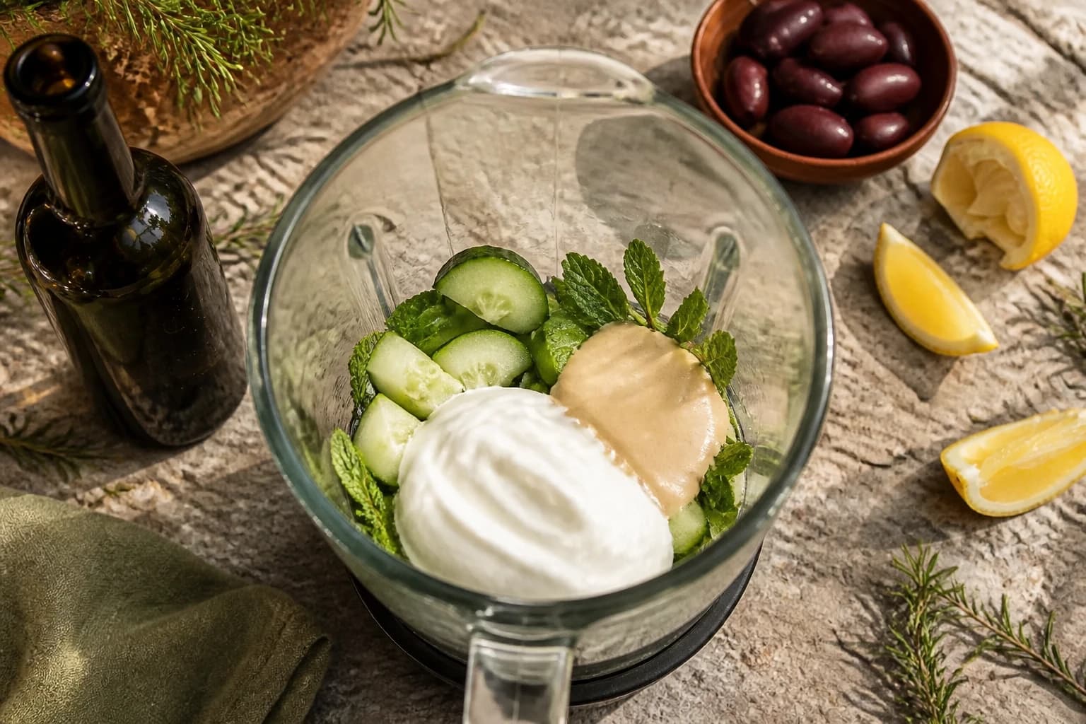 Concombres, menthe et yaourt de soja prêts à être mixés au blender