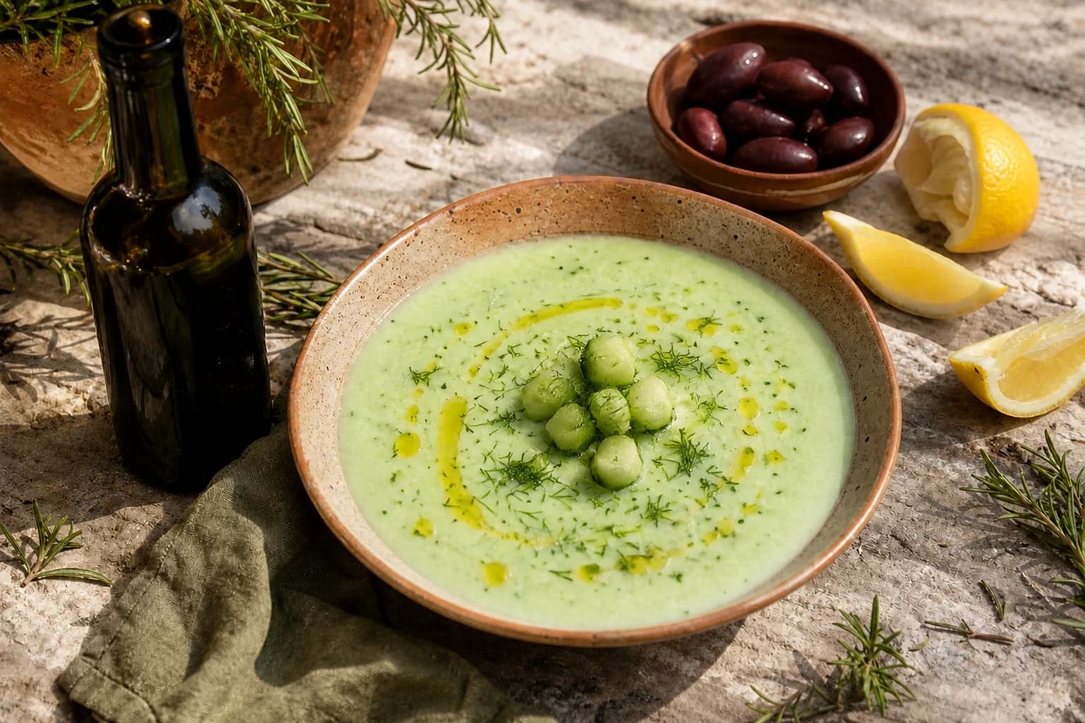 Soupe froide de concombre vegan servie glacée avec aneth et filet d'huile d'olive
