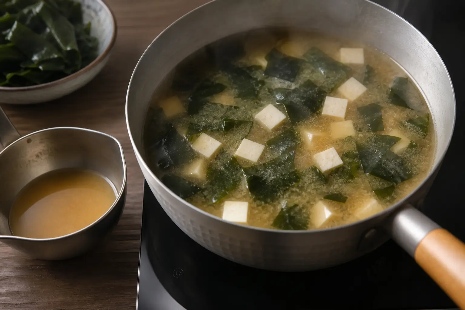 Faire chauffer doucement le tofu et le wakamé dans le bouillon