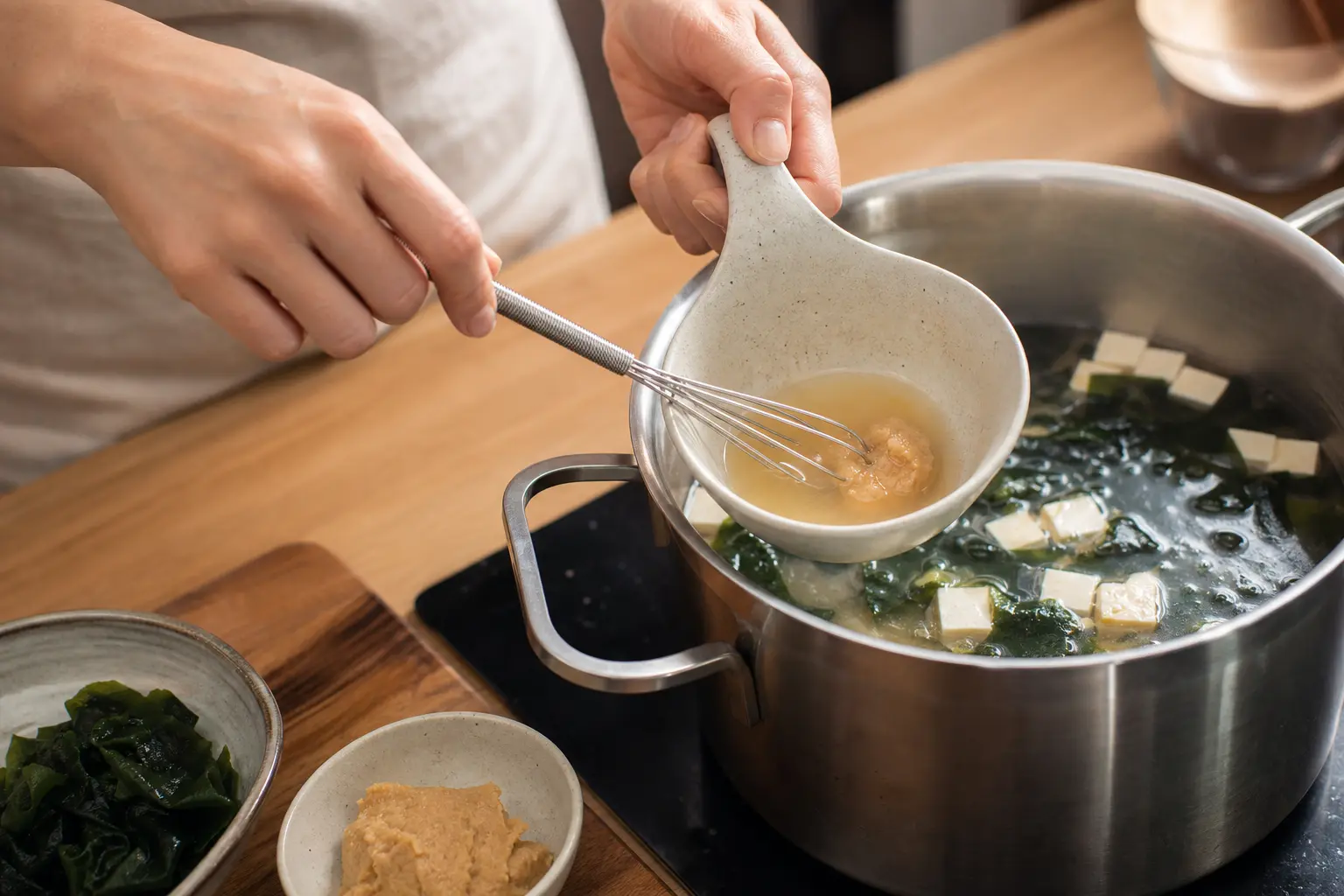 Délayer le miso blanc dans une louche de bouillon tiède