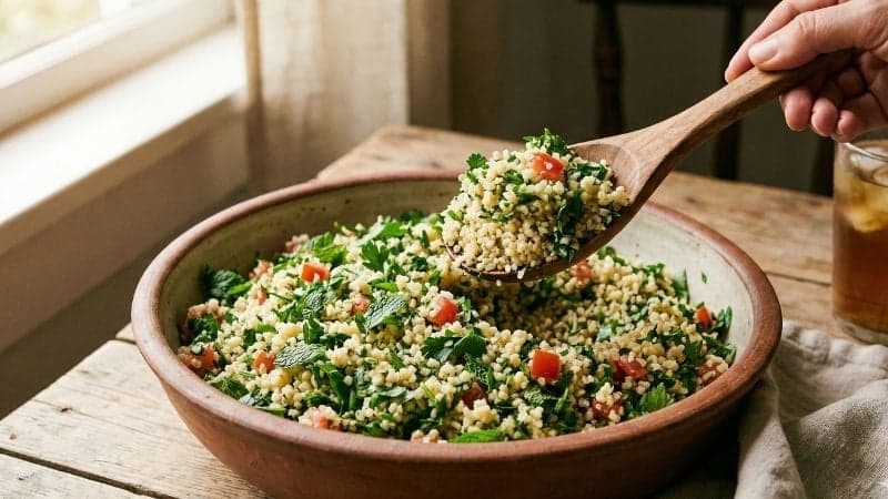 Gros plan sur un saladier de taboulé vegan à la texture aérienne, en train d'être servi à la cuillère.