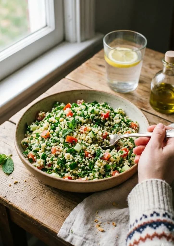 Un bol généreux de taboulé vegan aux herbes fraîches, texture aérée, prêt à être dégusté.
