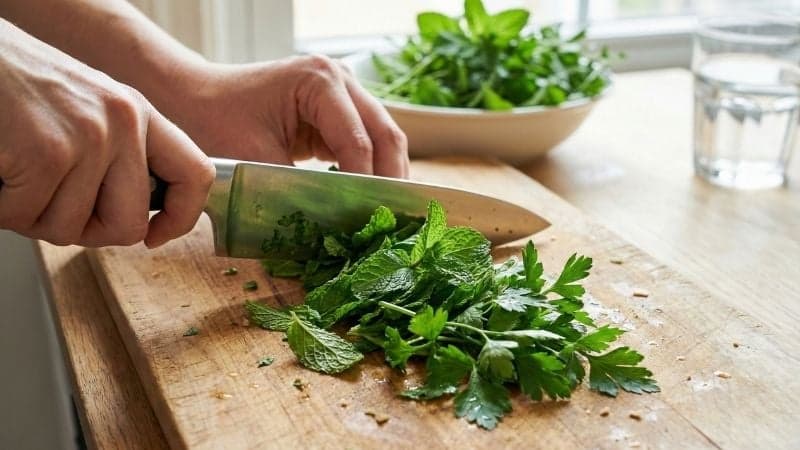Mains de femme ciselant une grande quantité de menthe et de persil frais pour le taboulé vegan.
