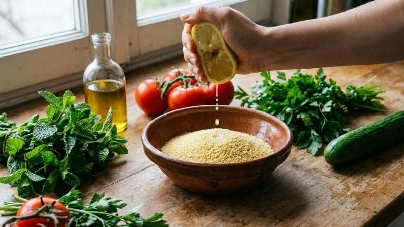 Préparation du taboulé vegan jus de citron frais pressé sur la semoule crue pour une cuisson à froid.