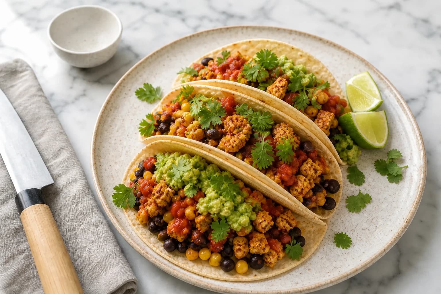 Tofu émietté et haricots épicés qui dorent dans une poêle