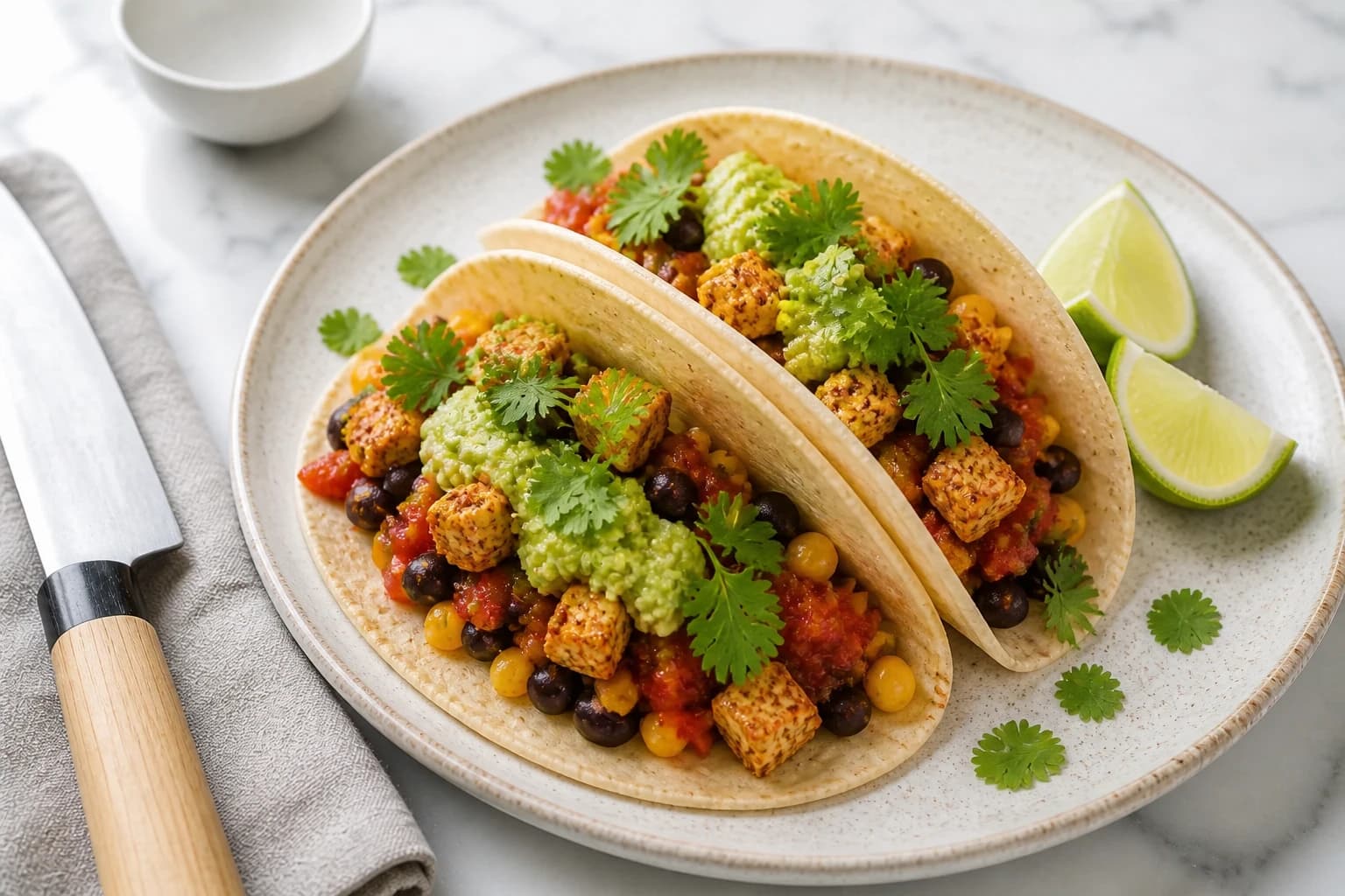 Tacos vegan garnis et pliés, prêts à déguster sur la table