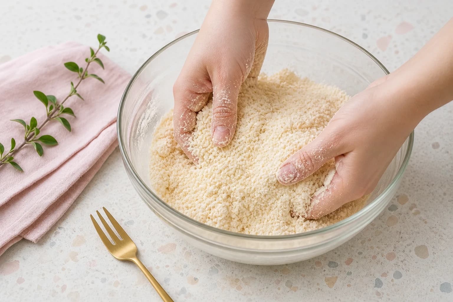 Pâte sablée végétale sablée à la main dans un saladier