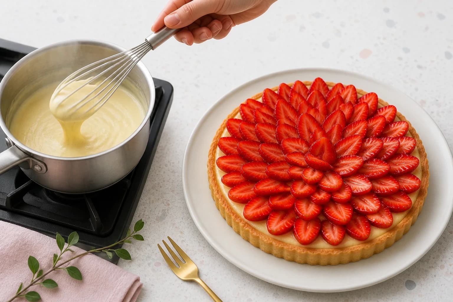 Crème pâtissière végétale onctueuse fouettée dans une casserole