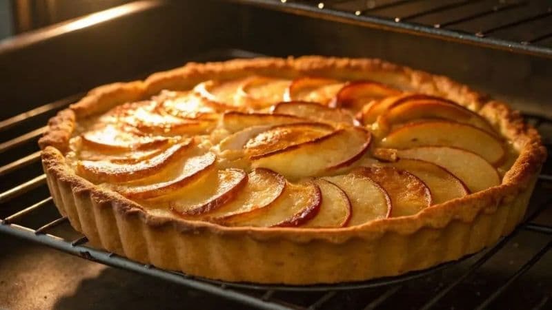 Une Tarte Aux Pommes Vegan qui cuit au four avec une belle dorure sur la pâte