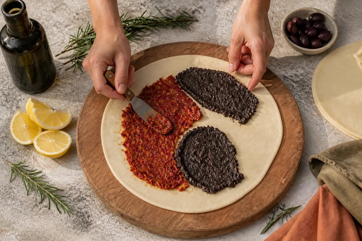 Garniture de pesto rouge et tapenade étalée sur la pâte feuilletée ronde