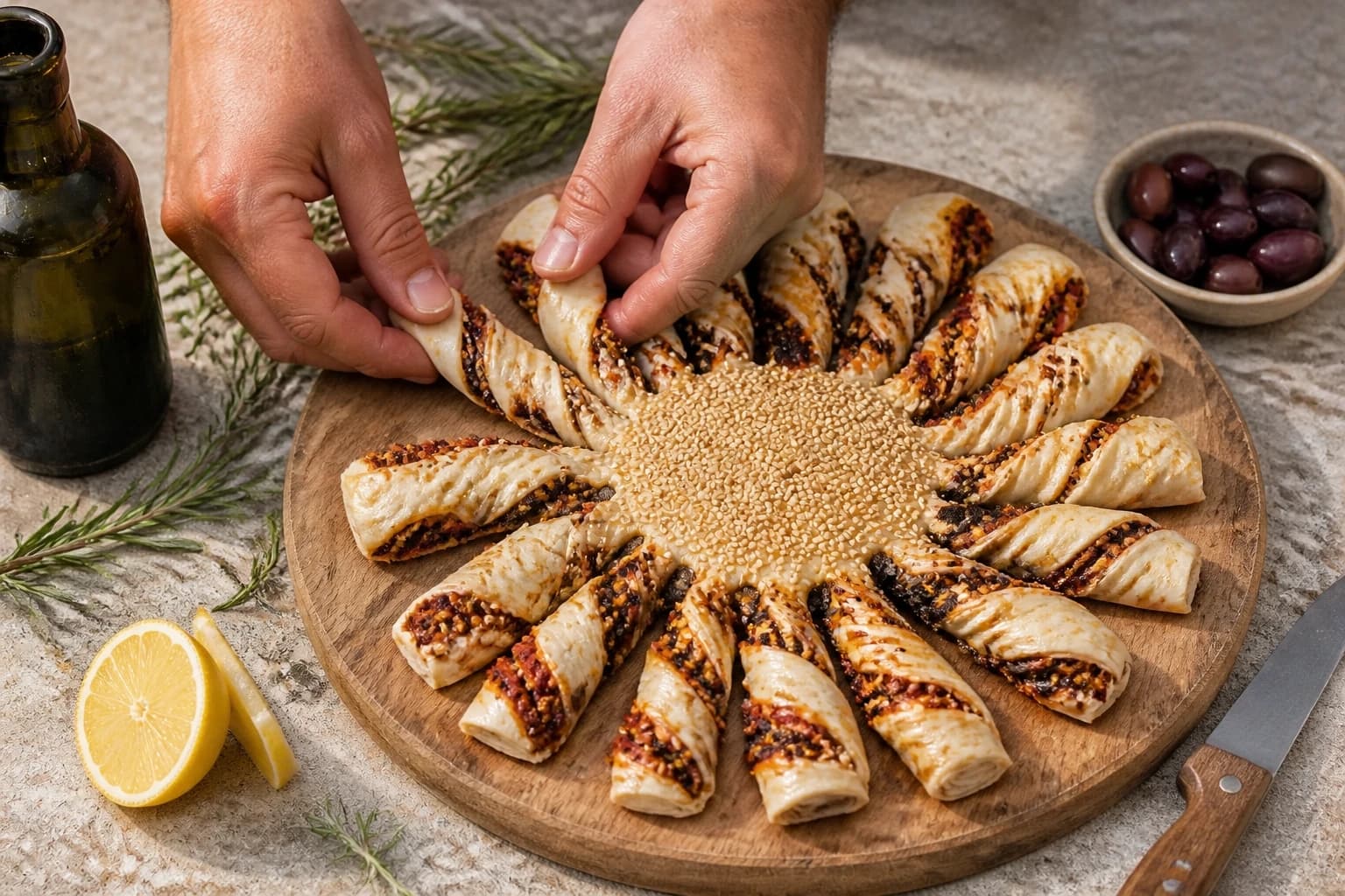Lanières de pâte feuilletée torsadées en rayons autour du centre de la tarte soleil