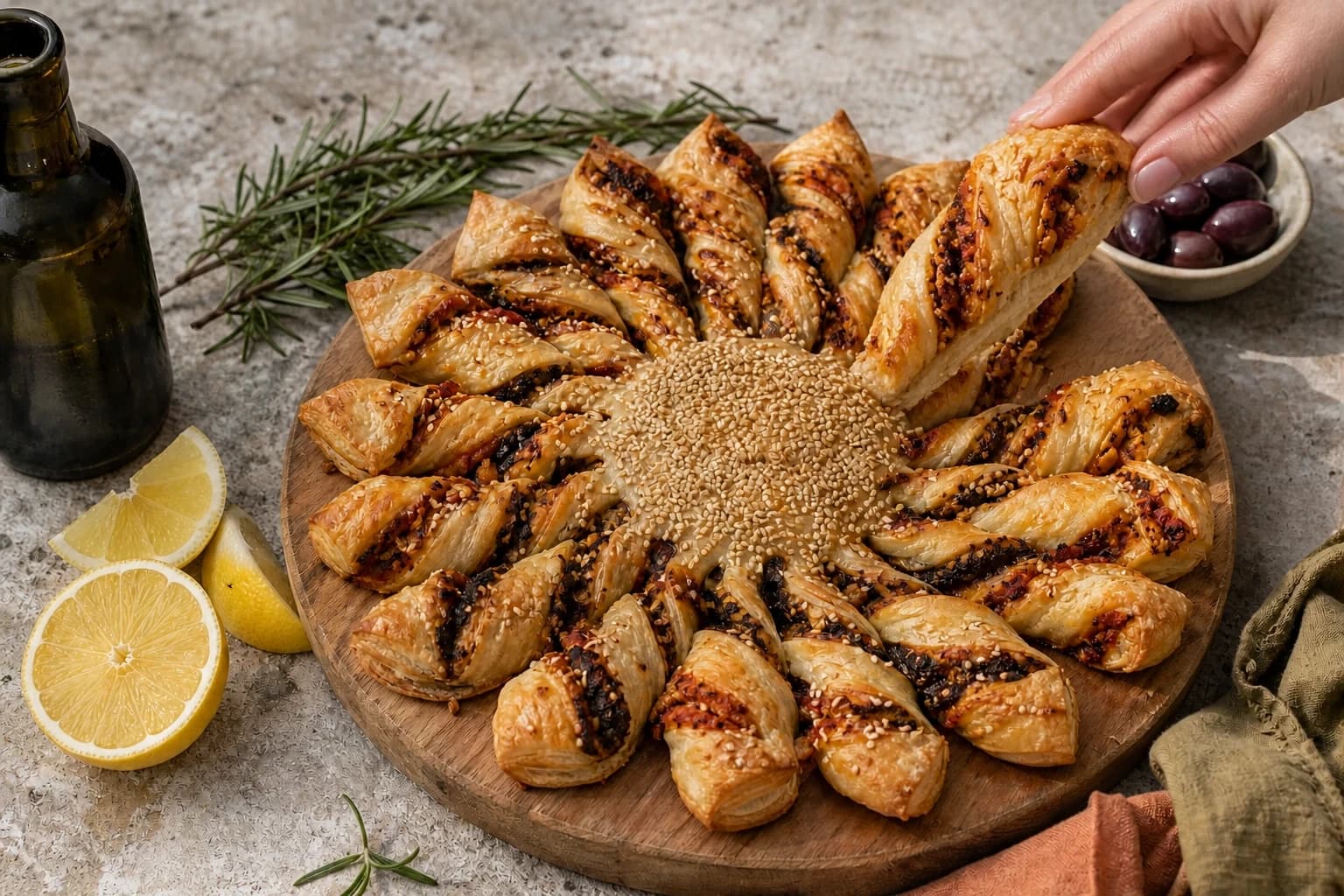 Tarte soleil vegan dorée et gonflée à la sortie du four, un rayon torsadé détaché à la main
