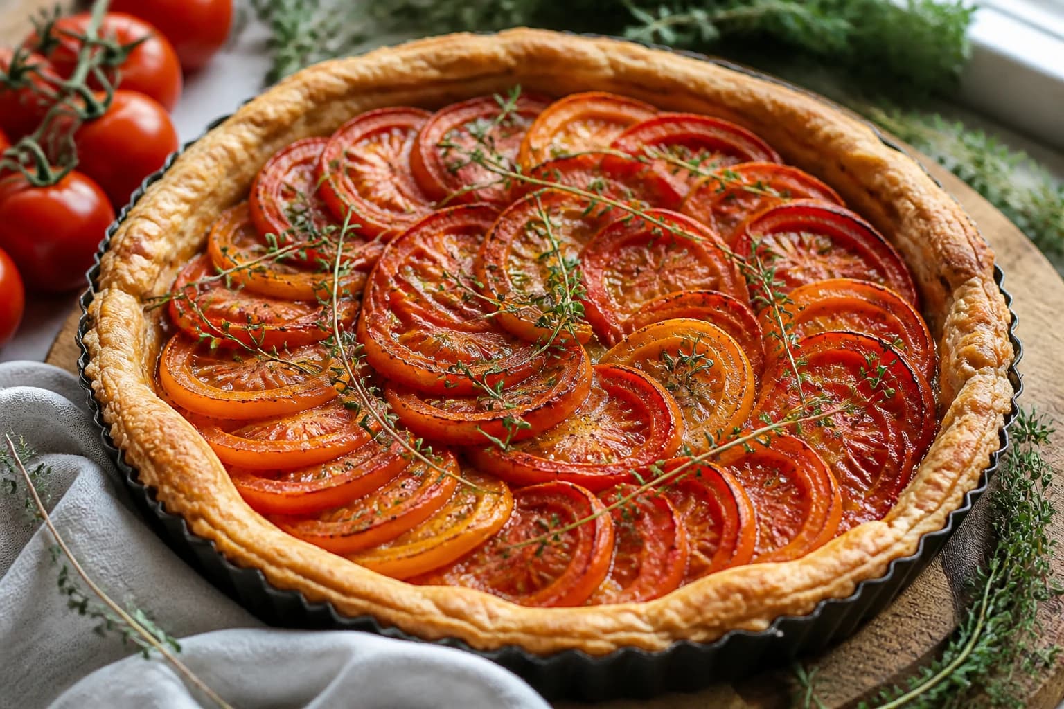 Tarte tomate moutarde vegan dorée sortant du four avec ses rondelles de tomates en rosace