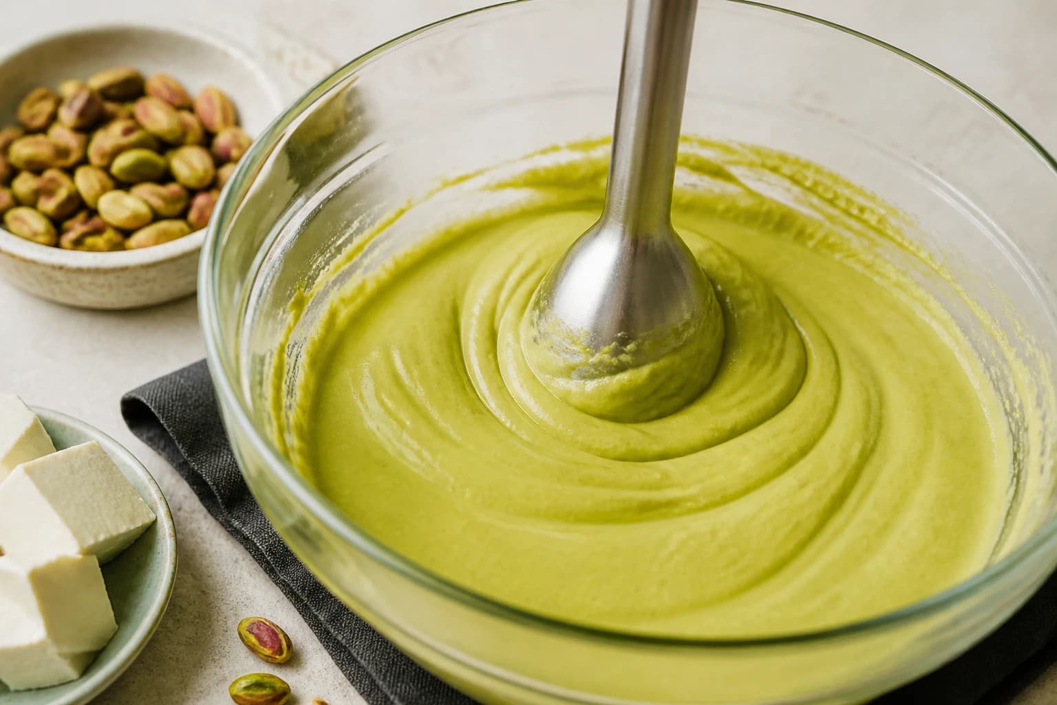 La crème pistache mixée, lisse et vert vif, dans un saladier