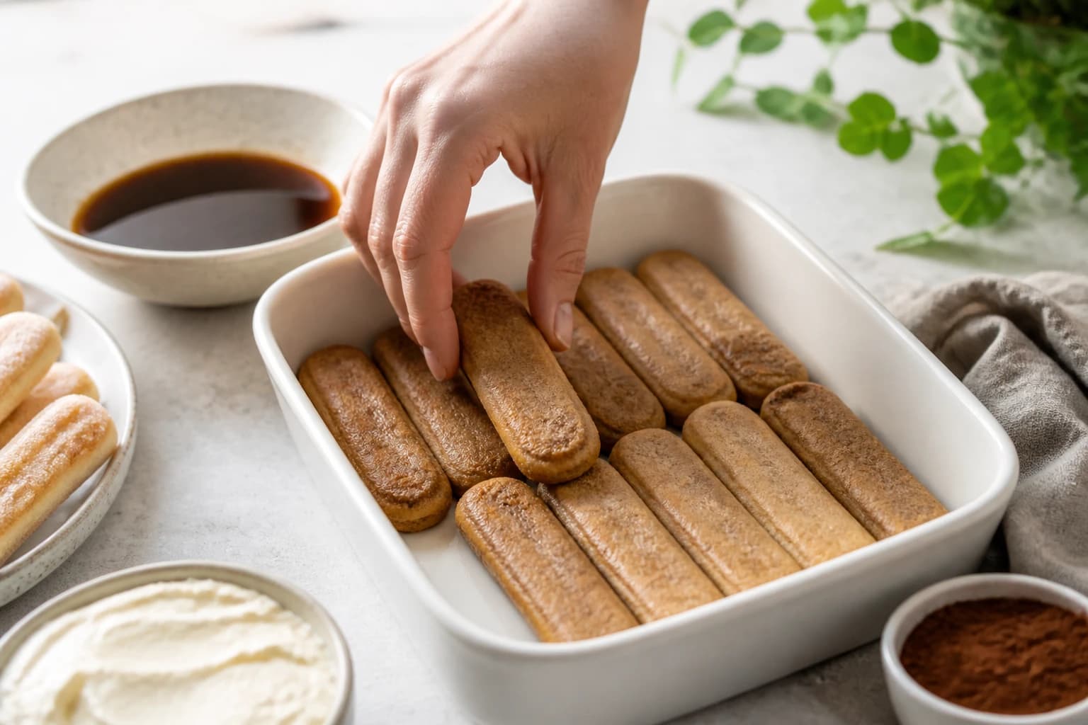 Les boudoirs vegan trempés disposés en première couche dans le plat