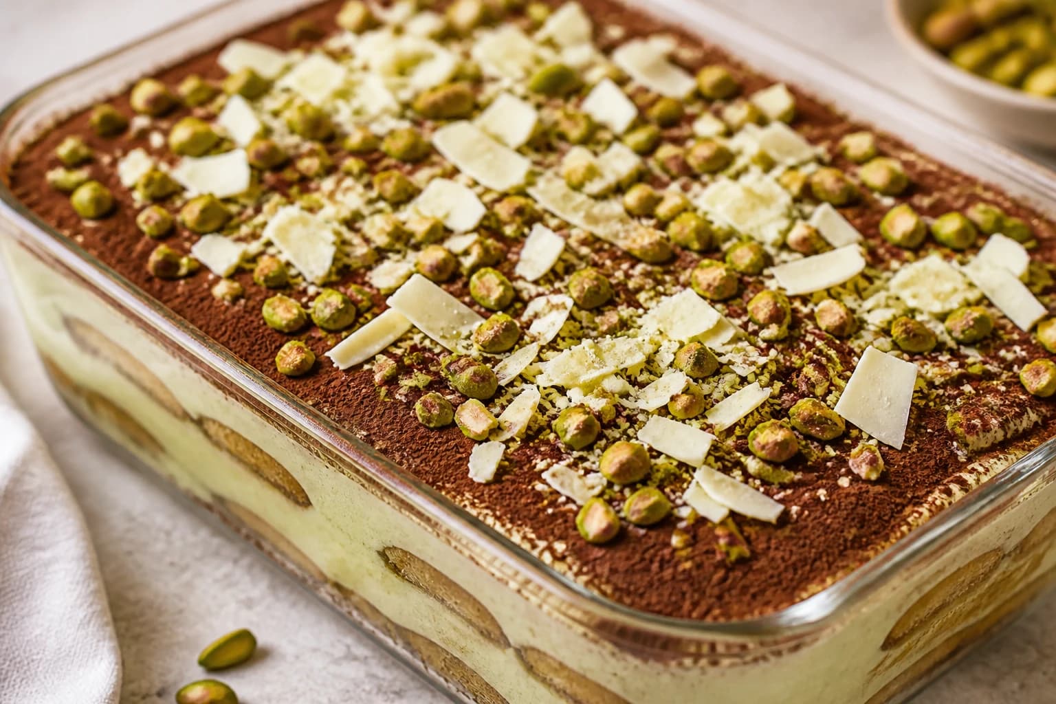 Le tiramisu pistache fini, saupoudré de cacao et de pistaches concassées