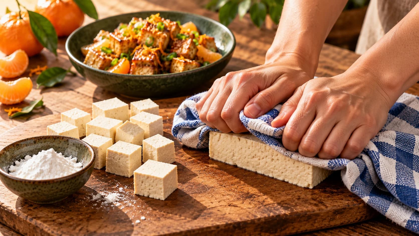 Tofu ferme pressé puis coupé en cubes avant l’enrobage à la fécule